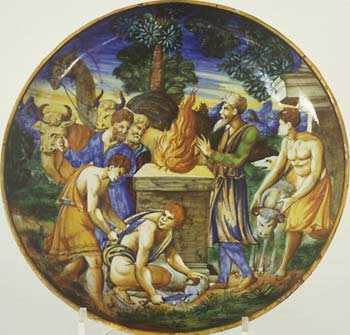 Italian istoriato plate, Noah's Sacrifice, after Raphael, 16th century, currently on loan to the National Museum of Wales in Cardiff.