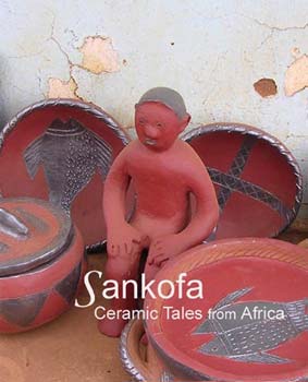Sankofa - Exhibition poster with ceramic figure and pots.